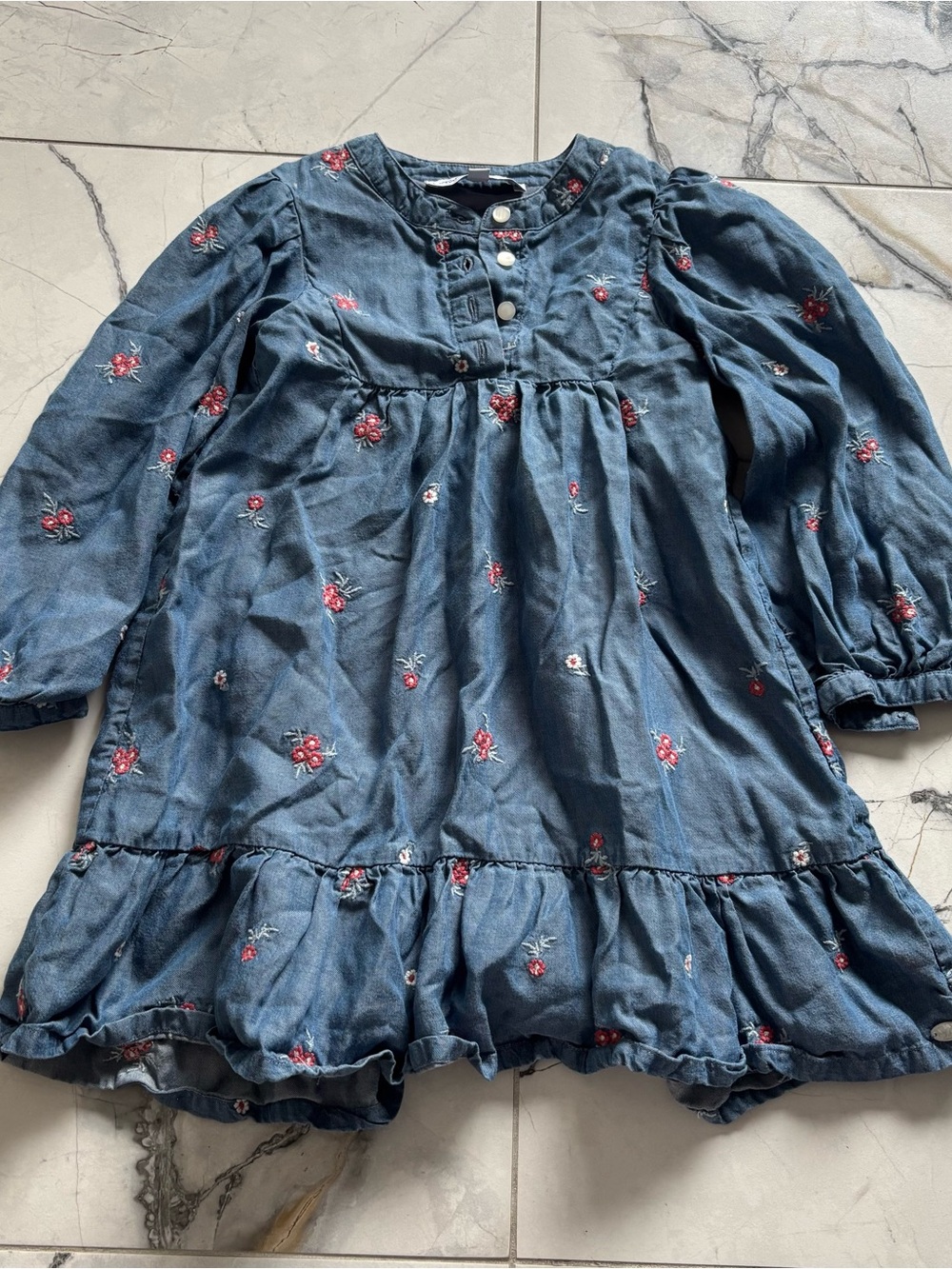 Tartine et Chocolat Denim-Look Blue Dress with Red Floral Embroidery